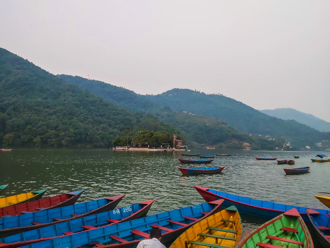 Wooden boats on Phewa Lake in Pokhara