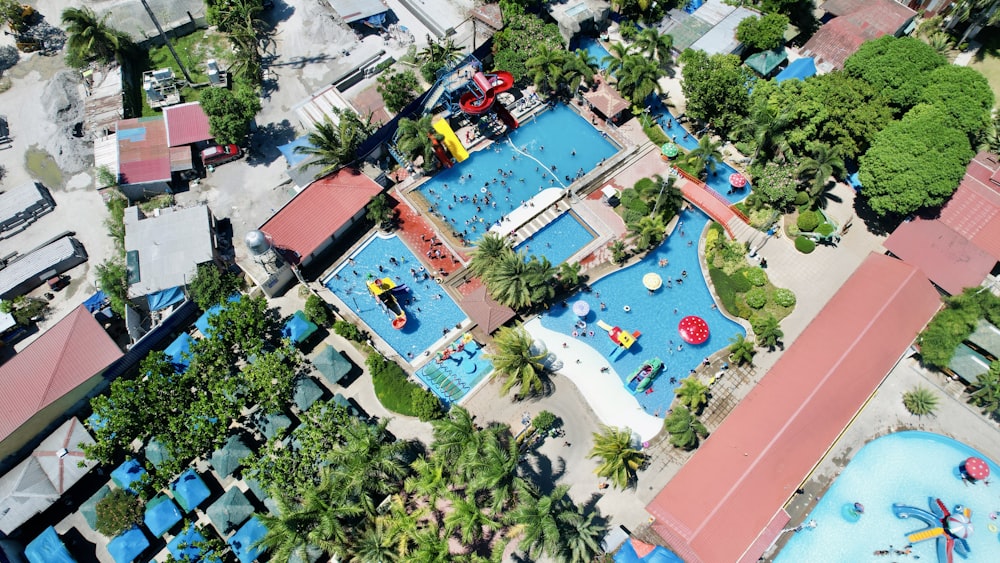 an aerial view of an outdoor swimming pool