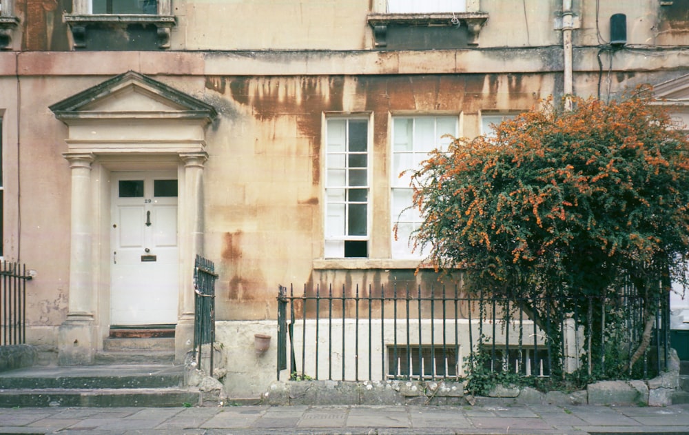 an old building with a tree in front of it