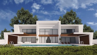 a rendering of a modern house with a swimming pool