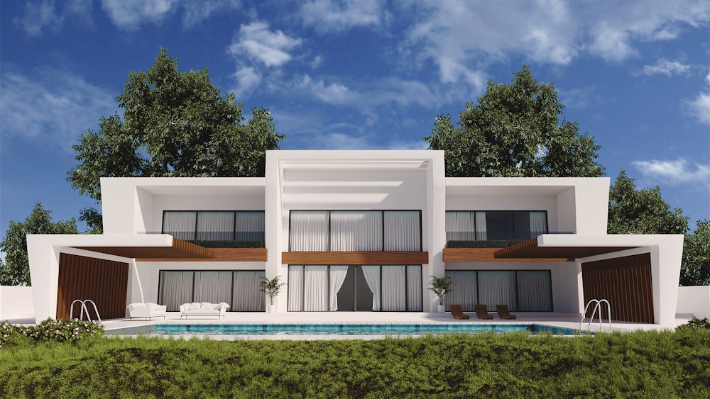 a rendering of a modern house with a swimming pool
