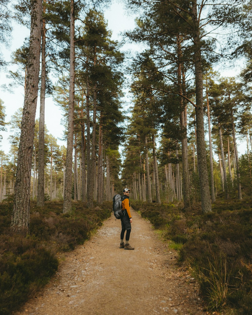 a man with a backpack is walking down a path in the woods