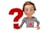 An animated character with short brown hair and a cheerful expression is holding a large red question mark. The character is wearing a gray shirt with a pink star on the front.