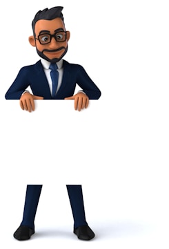 A cartoon character with glasses, a beard, and a smile is holding a large blank white board, offering space for text or graphics. He is wearing a blue suit with a white shirt and a blue tie.