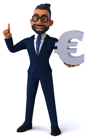a man in a suit holding a silver euro sign