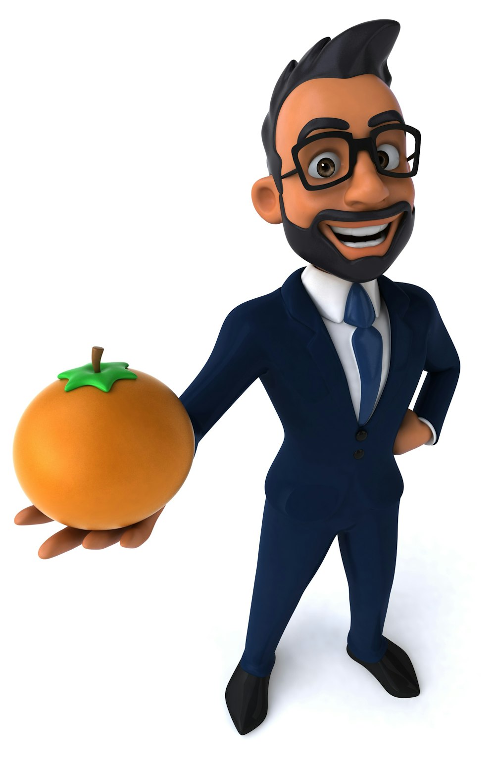 a 3d man in a suit holding an orange