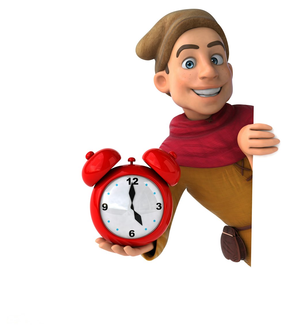 a cartoon character holding a red alarm clock