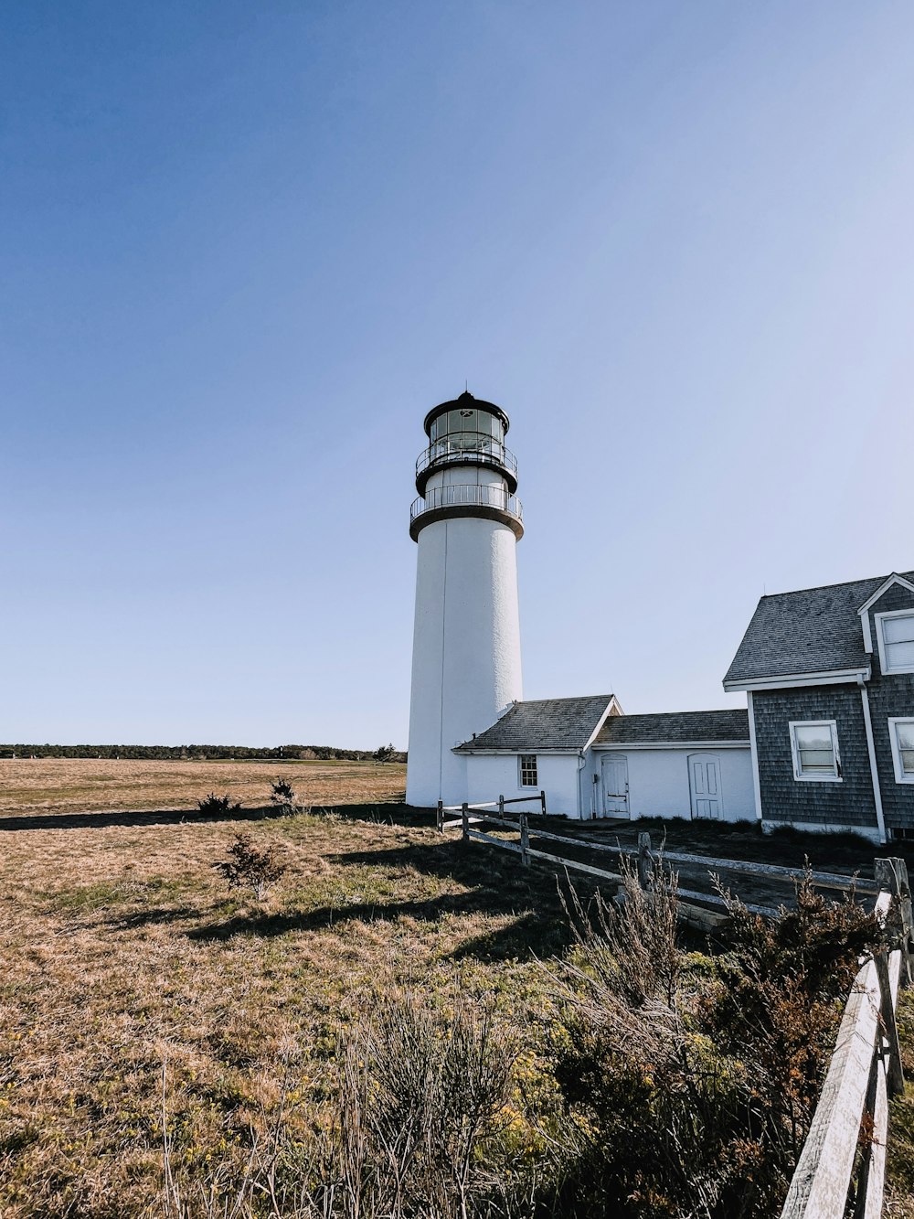 a white and black light house in a field