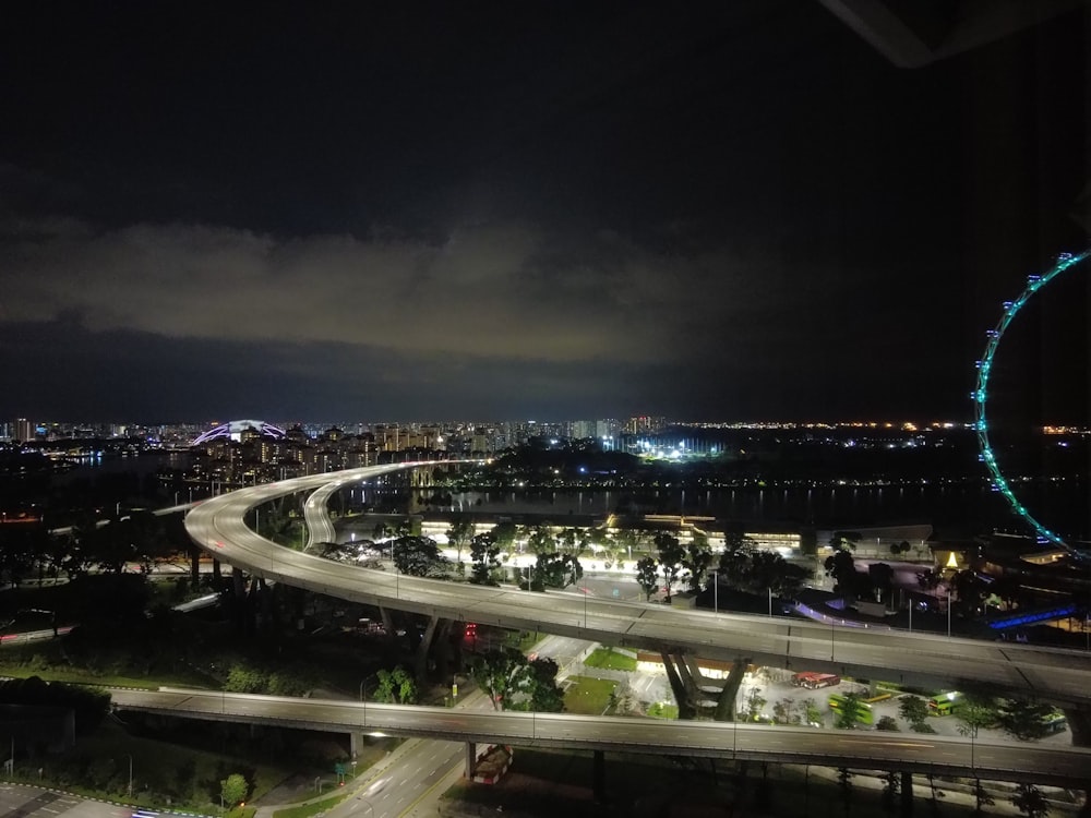 Una vista de una ciudad por la noche con una noria en la distancia