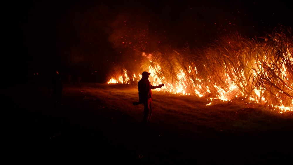 a man standing in front of a bunch of fire