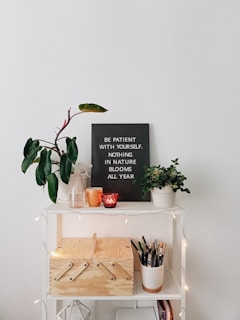 A minimalist white shelf holds a variety of items, including a potted plant with broad green leaves and a smaller plant in a white pot. A letter board with a motivational quote is placed in the center. Beside it, there is a glass container and a small red candle. The shelf also houses a wooden box and a cluster of different colored pencils in a container. Fairy lights are draped along the edge, adding a cozy touch.