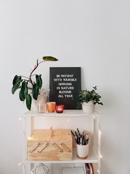 A minimalist home shelf with neutral-toned storage boxes, a small plant, and a framed inspirational quote.