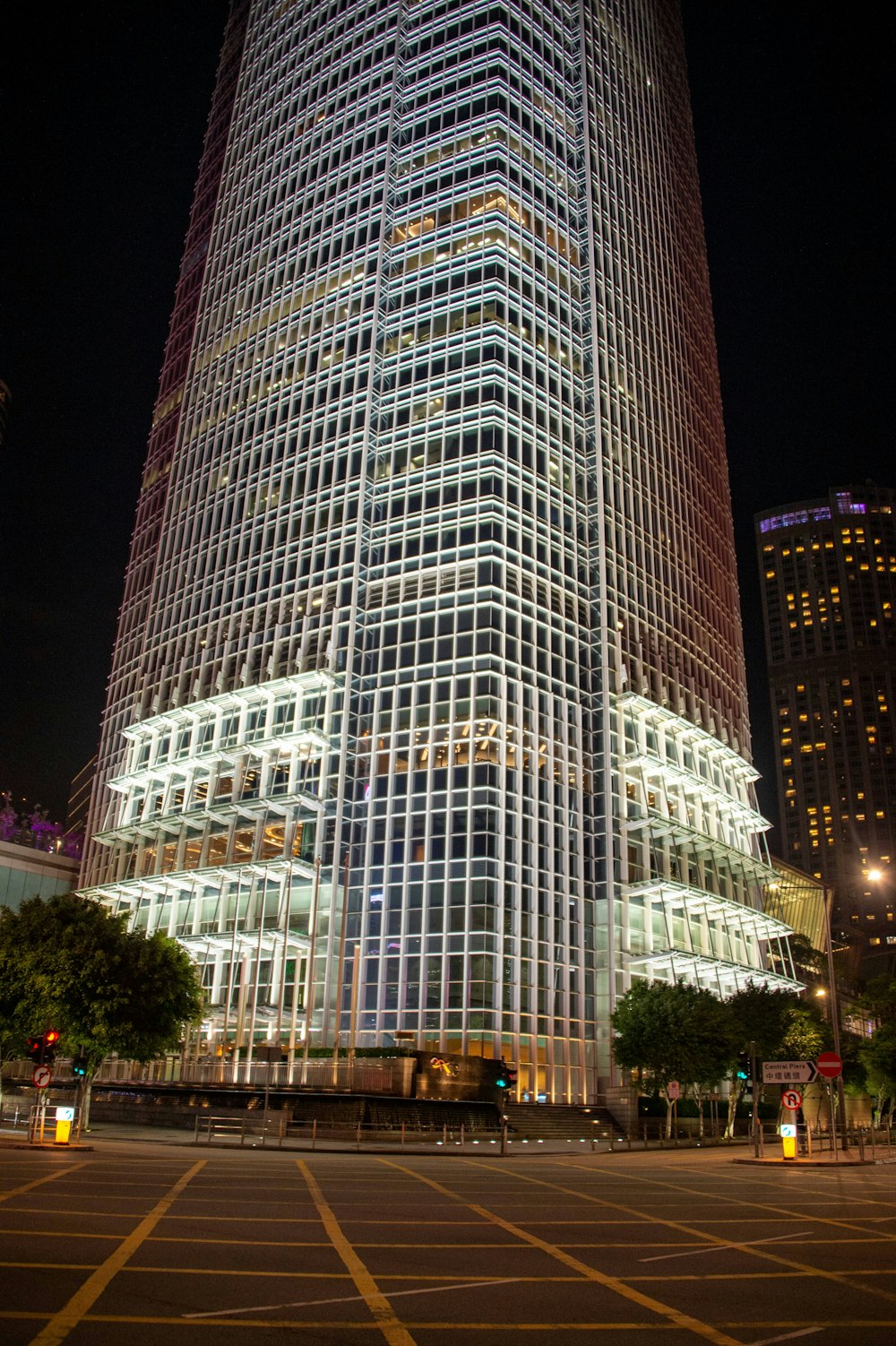 a very tall building lit up at night