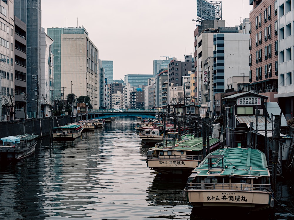 a small boat in a body of water with a city in the background