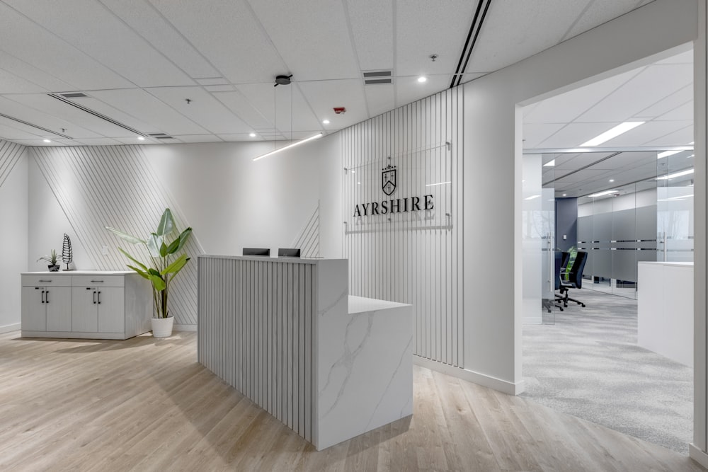 a white office with a marble counter top