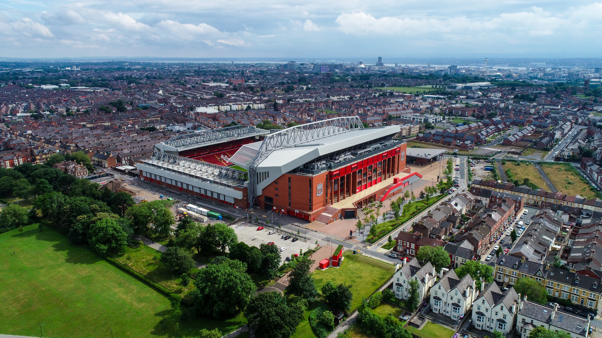 an aerial view of a stadium and surrounding buildings