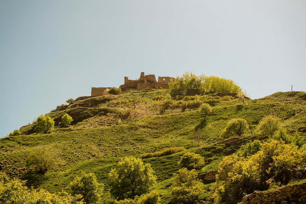 uma colina gramada com um castelo no topo dela
