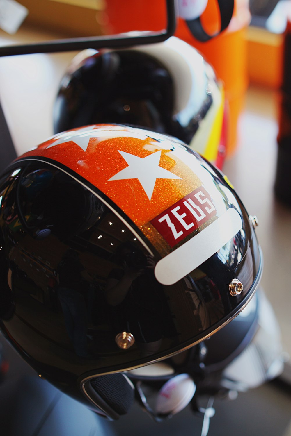 a helmet with a star on it sitting on a table