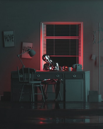 a dark room with a desk and a chair