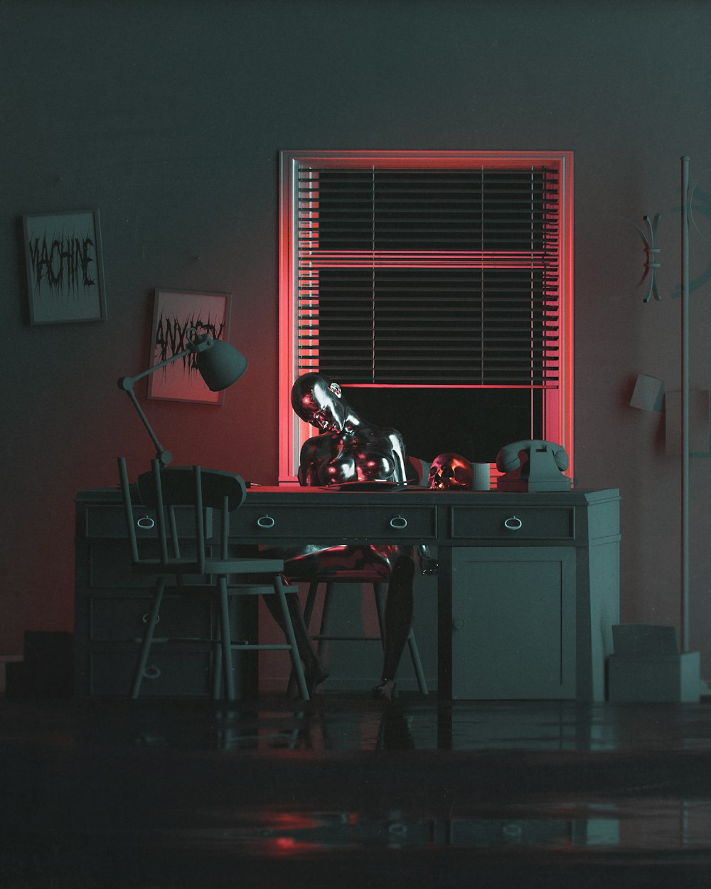 a dark room with a desk and a chair