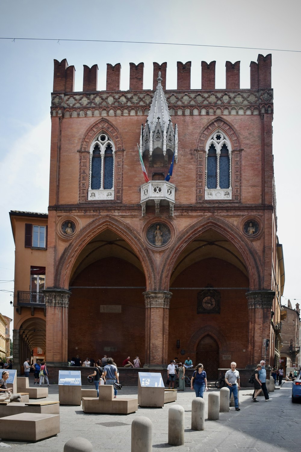 a group of people standing in front of a building