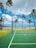 A green outdoor basketball court is located next to a body of water with a backdrop of tall palm trees swaying in the wind under a partly cloudy blue sky. In the distance, a picnic table is seen on the grassy area near the waterfront.