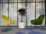 A modern office space featuring two upholstered chairs, one yellow and one green, positioned on opposite sides of a potted plant with a twisted trunk in a white planter. The background consists of frosted glass paneling with abstract vertical patterns, and the floor is carpeted with blue and gray tiles.