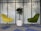 A modern office space featuring two upholstered chairs, one yellow and one green, positioned on opposite sides of a potted plant with a twisted trunk in a white planter. The background consists of frosted glass paneling with abstract vertical patterns, and the floor is carpeted with blue and gray tiles.