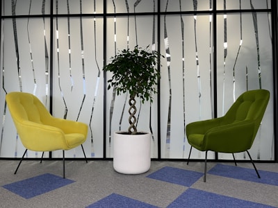 A modern office space featuring two upholstered chairs, one yellow and one green, positioned on opposite sides of a potted plant with a twisted trunk in a white planter. The background consists of frosted glass paneling with abstract vertical patterns, and the floor is carpeted with blue and gray tiles.