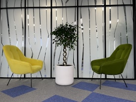 A modern office space featuring two upholstered chairs, one yellow and one green, positioned on opposite sides of a potted plant with a twisted trunk in a white planter. The background consists of frosted glass paneling with abstract vertical patterns, and the floor is carpeted with blue and gray tiles.