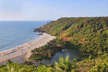 The image depicts a scenic coastal landscape with a sandy beach on one side, bordered by a vast expanse of blue ocean. A lush green hill rises alongside the beach, covered with dense vegetation. There are scattered patches of palm trees near the shore. Several small groups of people are visible on the beach, relaxing under umbrellas. A paraglider is seen above the beach, adding a sense of adventure to the scene.