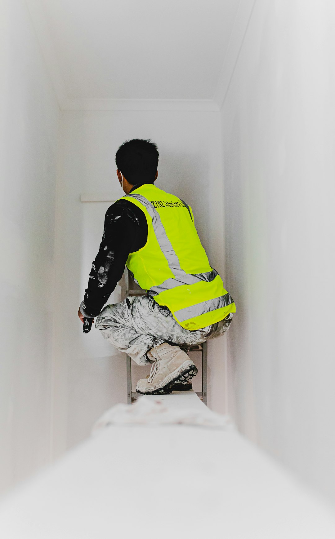 a man in a yellow vest sitting on a chair