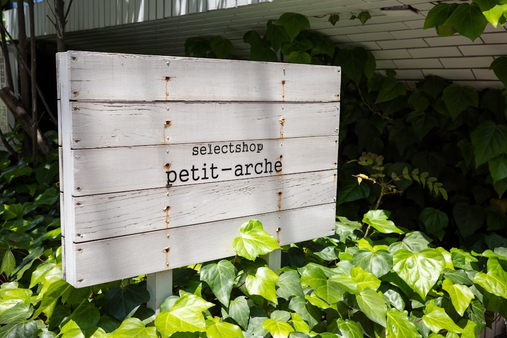 a wooden sign sitting in the middle of a lush green garden