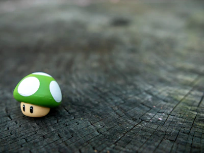 Close-up of a delicate handmade mushroom soft toy with embroidered details resting on a bed of toadstools.
