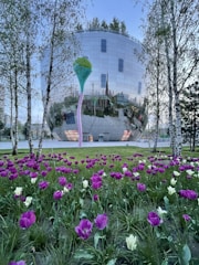 A futuristic, reflective glass building is surrounded by trees with a foreground of vibrant purple and white tulips. The structure is spherical with a mirrored surface, reflecting its surroundings. A colorful, abstract sculpture stands near the building.