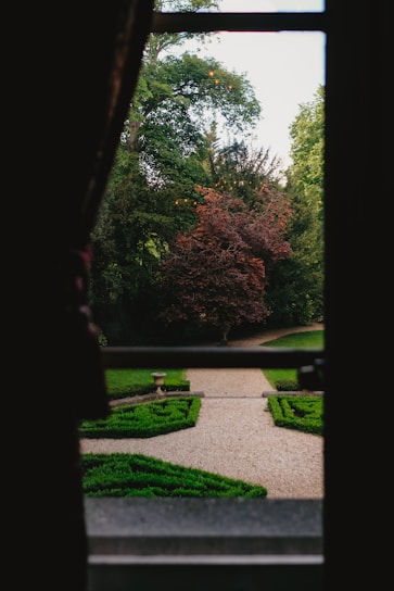 A landscaped garden view from a window featuring neatly trimmed shrubs and a gravel pathway leading through a lawn. Tall trees with varied shades of green and a tree with deep red leaves are visible in the background. The scene is framed by dark window edges, adding a sense of enclosure and perspective.