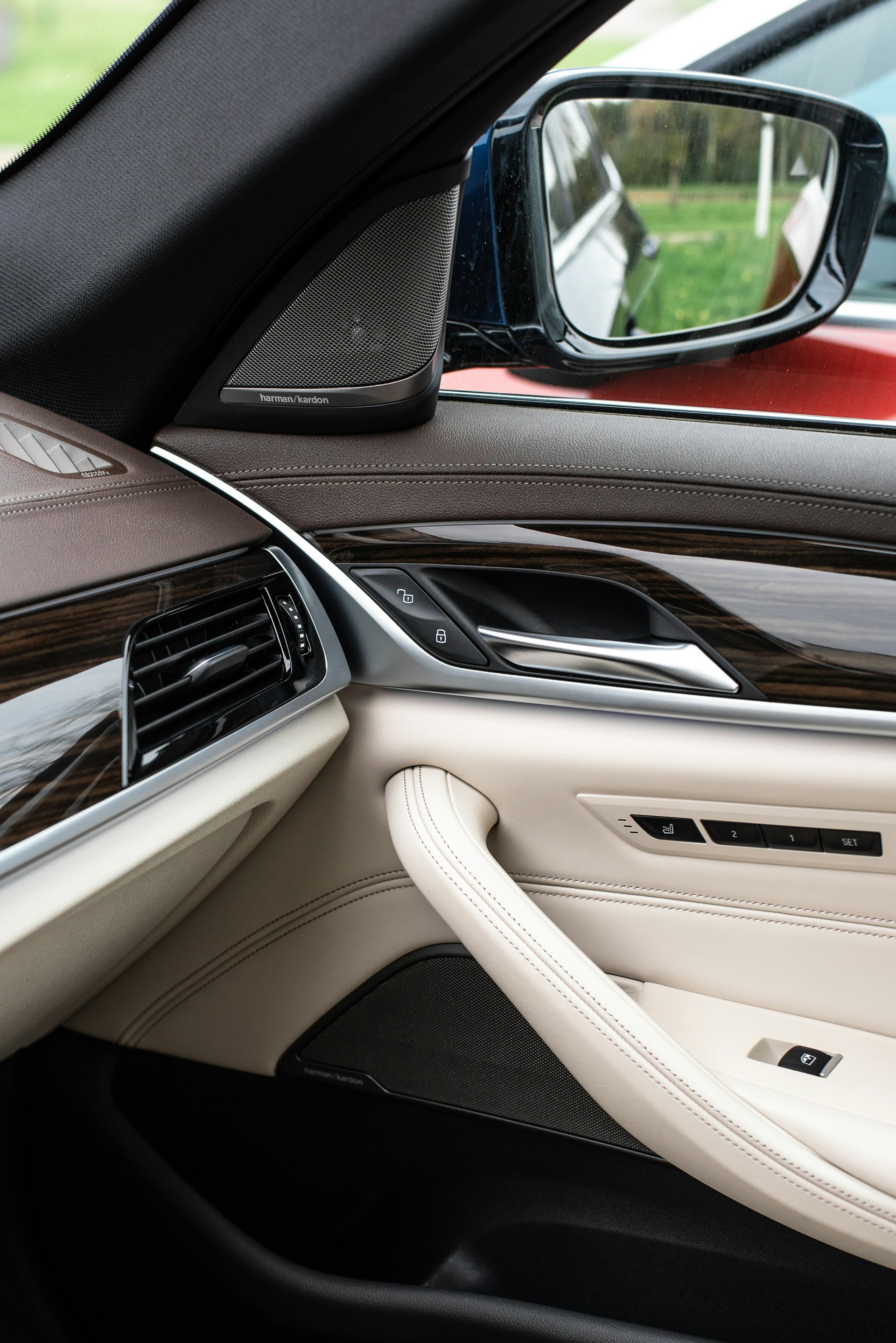 the inside of a car with the door open