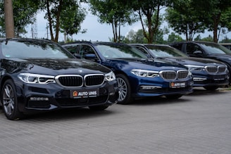 Several luxury sedans are parked in a row on a paved surface. The cars, which are dark in color, are positioned in a neatly organized manner under a canopy of green trees.