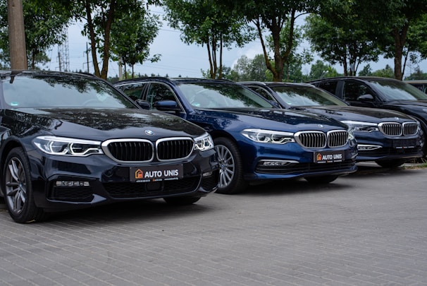 Several luxury sedans are parked in a row on a paved surface. The cars, which are dark in color, are positioned in a neatly organized manner under a canopy of green trees.