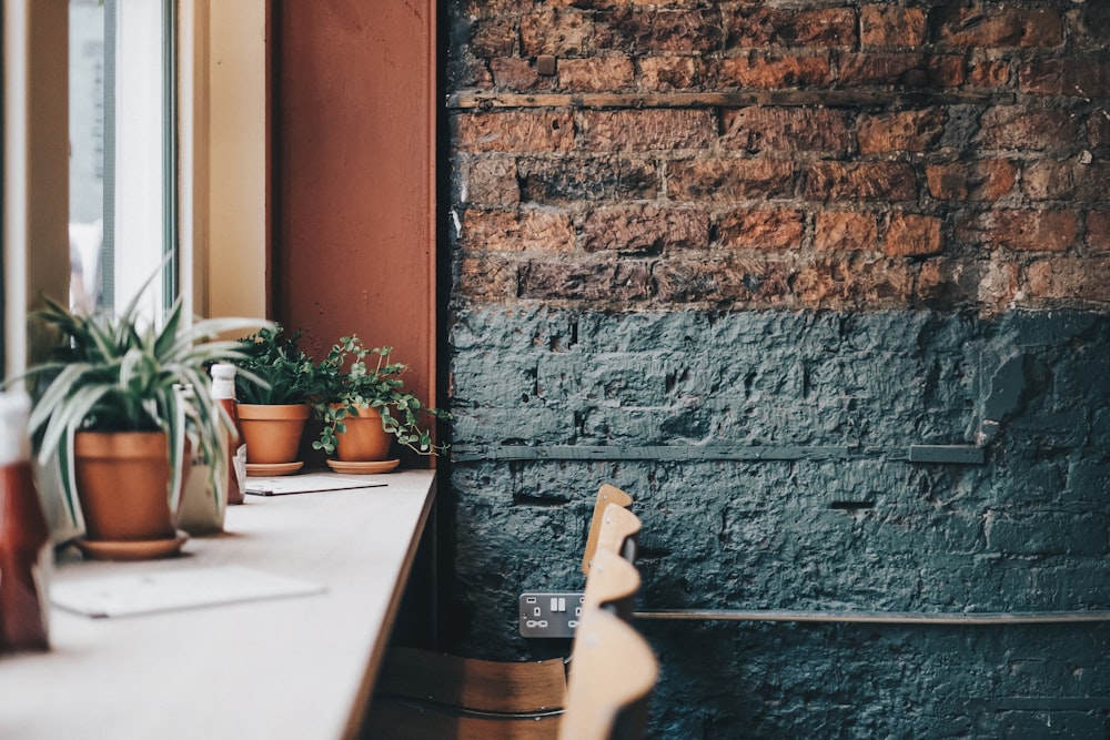 a brick wall with potted plants next to it