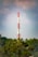 A tall communication tower with red and white sections stands prominently against a backdrop of clouds and a vast blue sky. The structure is surrounded by lush green trees, suggesting a remote or natural setting.