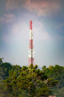 A tall communication tower with red and white sections stands prominently against a backdrop of clouds and a vast blue sky. The structure is surrounded by lush green trees, suggesting a remote or natural setting.