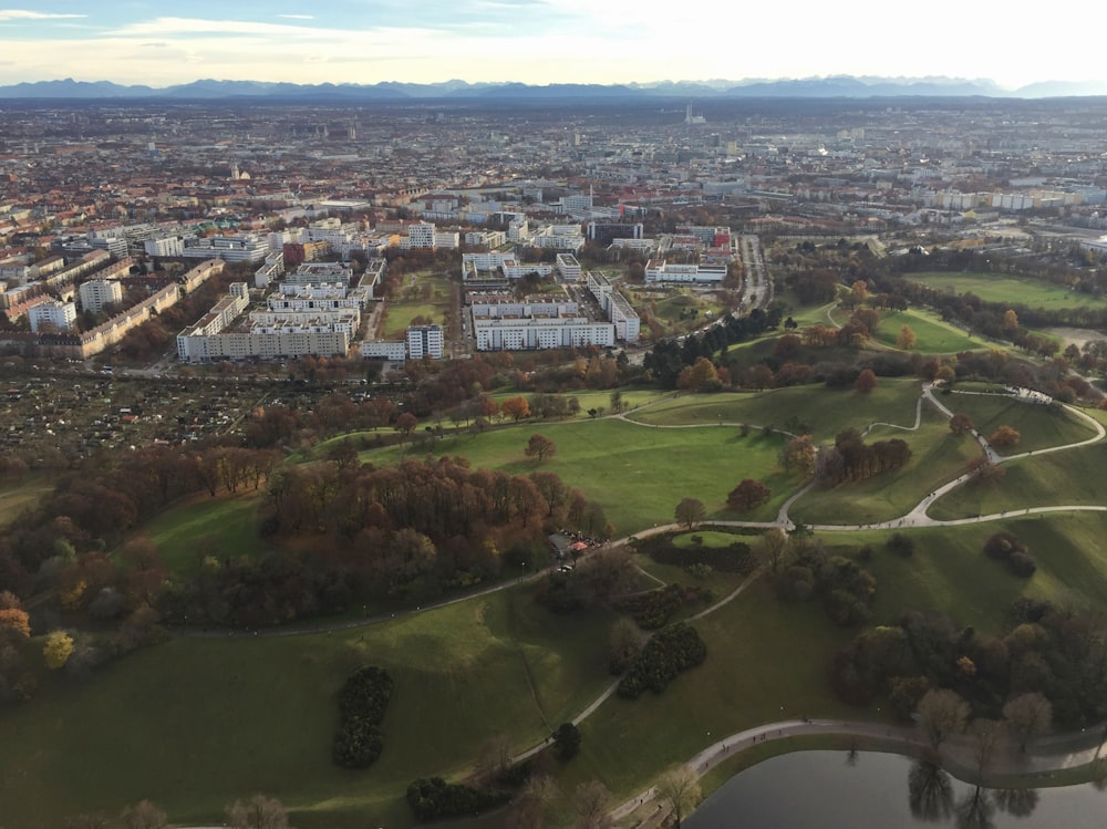 an aerial view of a city with lots of trees