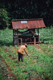 a man is working in a field with a hoe