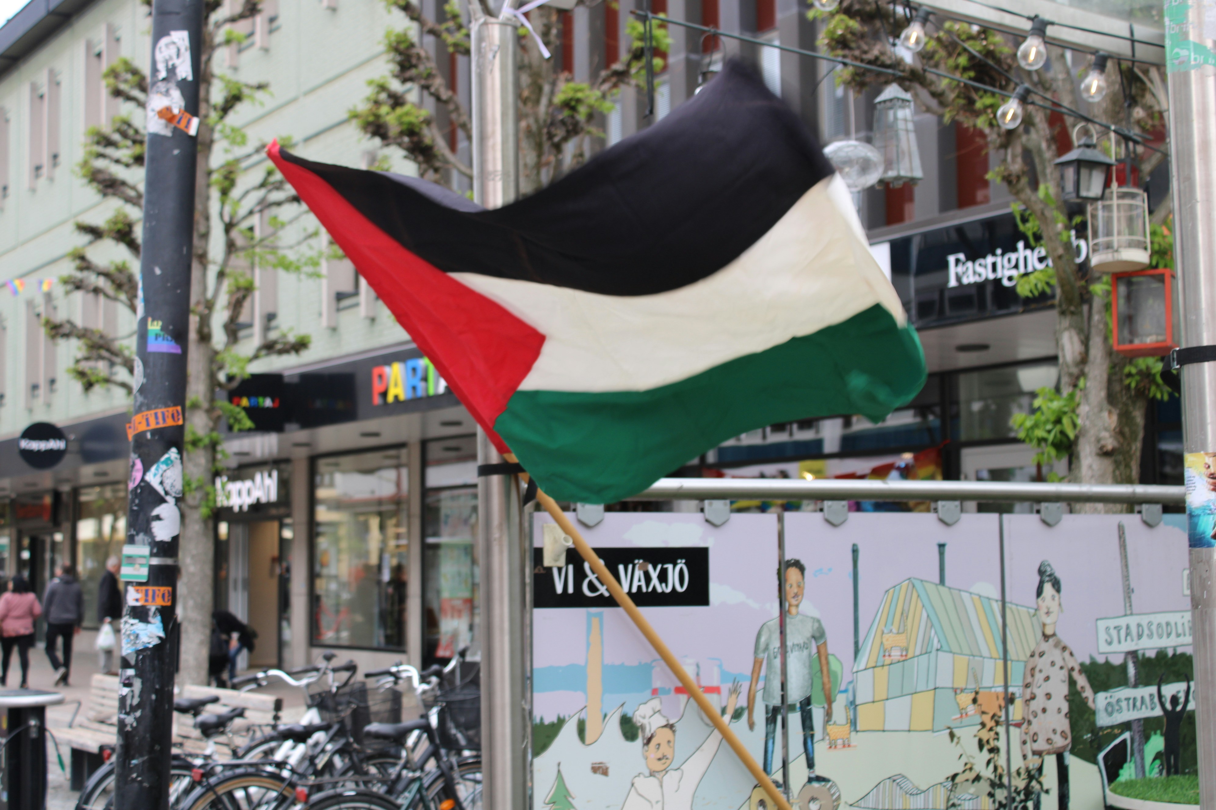 a flag on a pole in front of a building