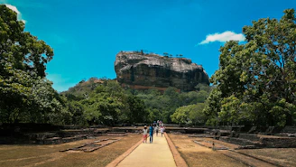 a group of people walking down a path in front of a mountain