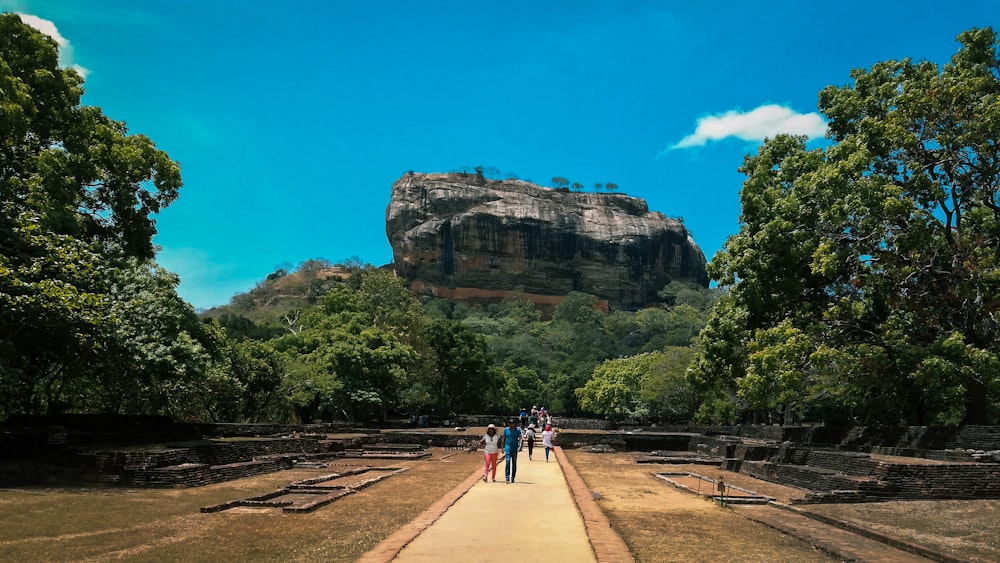 a group of people walking down a path in front of a mountain