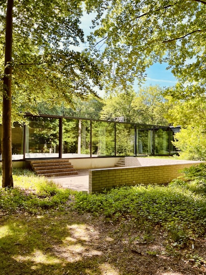 A sleek data center nestled in a lush forest, sunlight filtering through trees onto high-tech servers.