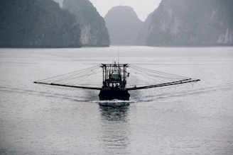 A fishing boat equipped with AI sensors navigating through a misty morning sea.