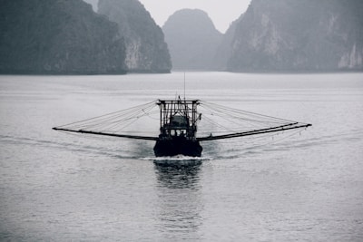A solitary fishing boat equipped with long, outstretched arms for netting activities moves across a calm body of water. The scene is set against a backdrop of misty, towering cliffs, lending a serene and somewhat mysterious atmosphere to the image.